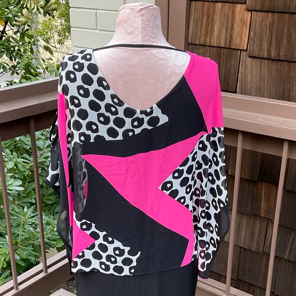 Frank Lyman  color block pink black 80’s VTG dress sheer abstract overlay, 6 - Picture 3 of 10